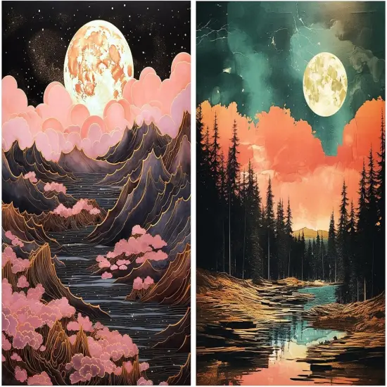 2 Pack 5D Diamond Art Painting Kits, Diamond Painting Mountain Kits, Landscape Moon Diamond Art Kits for Adults, Abstract Scenery Paint with Diamonds Gem Art for Home Wall Decor 12 x 16 Inch {1}