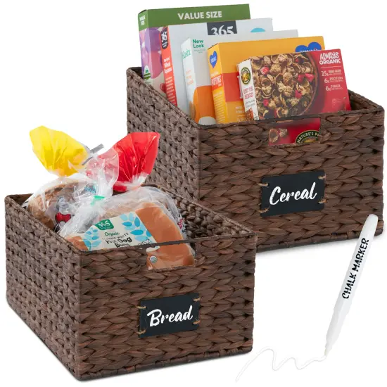Best Choice Products Set of 2 16in Woven Water Hyacinth Pantry Baskets w/ Chalkboard Label, Chalk Marker Natural {7}