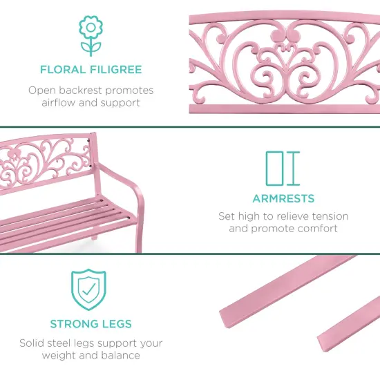 Best Choice Products Outdoor Steel Bench Garden Patio Porch Furniture w/ Floral Design Backrest Pink {6}