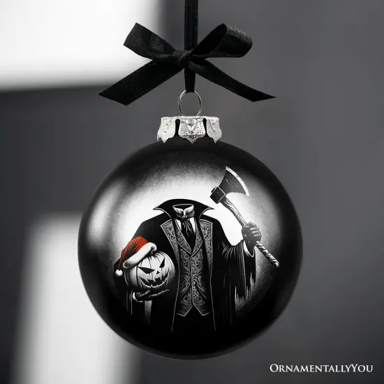Headless Horseman Spooky Portrait Glass Christmas Ornament, Black Horror Halloween Tree Decoration {4}
