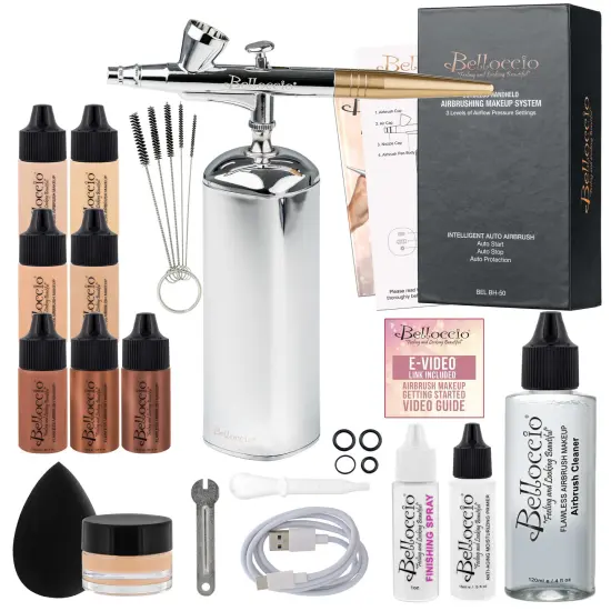Belloccio Complete Cordless Handheld Airbrush Cosmetic Makeup System with 4 Fair Foundation Shades, 18-Piece Kit, Primer, Blush, Bronzer, Highlighter {1}