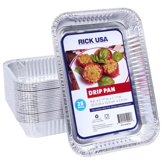 RICK USA: 8x5" Drip Pan - 25 Pack - Disposable Aluminum Foil, Multi-Purpose Baking & Cooking, Durable, Grill-Oven-Freezer-Dishwasher Safe, Recyclable {1}