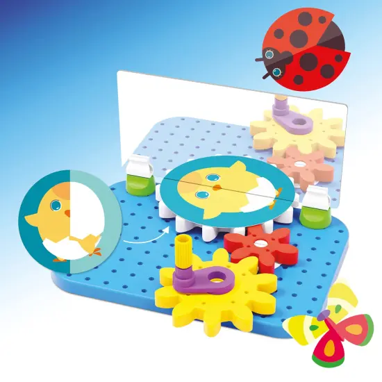 Quercetti: Mirrorello - Gear Assembly Game Toy, Turn The Crank, Double-Sided Discs, Mirror Illustrations, Explore Patterns, STEM Building Toy, Kids 4+ {3}