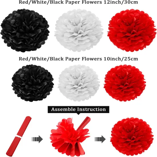 29 Pcs Red and Black Decorations Mouse Paper Decoration Fan Pom Pom Honeycomb Flower Tissue Tassel Garland Theme Party Supplies for Graduation Birthday(White, Red, Black) {3}