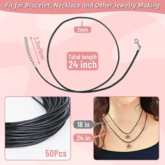 50 Pieces Necklace Cord, Black Necklace String Rope with Clasp, 24 Inch Black Waxed Cotton Cord Necklace Bulk for Charms Pendants, Bracelets, Necklaces, Jewelry Making Supplies and Beading Supplies {5}