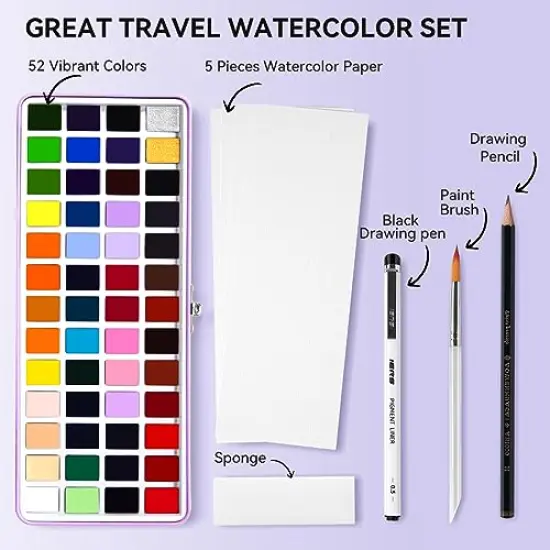 52 Watercolor Paint Set, Travel Watercolors Set with Drawing Pencil, Paint Brushes, 5 Watercolor Paper, Sponge & Black Drawing Pens, Water Colors Paint for Adults, Art Supplies, Purple Case {1}