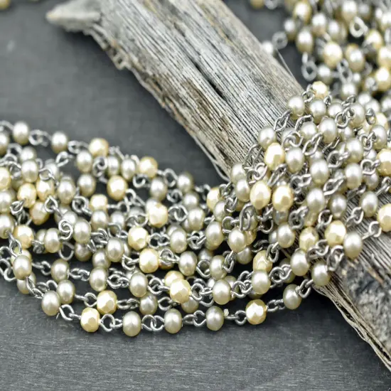 4mm Satin Taupe Pearl & Cream Fire Polished Round Beads w/Silver Beaded Chain {5}