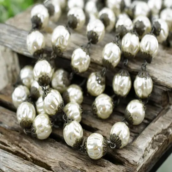 10mm Czech Glass Cream Baroque Pearl Chain with Bronze Caps -- Sold By The Foot {1}