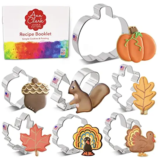 7 Pieces Fall and Thanksgiving Cookie Cutters Set. Made in the USA by Ann Clark, Pumpkin, Maple Leaf, Turkey, Squirrel, Acorn {1}