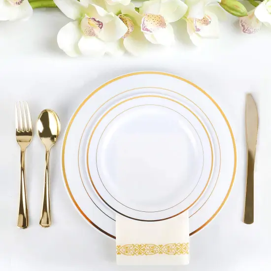175 Piece Gold Dinnerware Set - 50 Gold Rim Plastic Plates - 25 Gold Plastic Silverware - 25 Gold Plastic Cups - 25 Gold Paper Napkins, 25 Guest Disposable Gold Dinnerware Set {3}