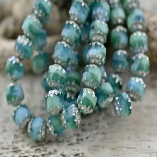 Antique Silver AB Washed Blended Turquoise Fire Polish Cathedral Beads {5}