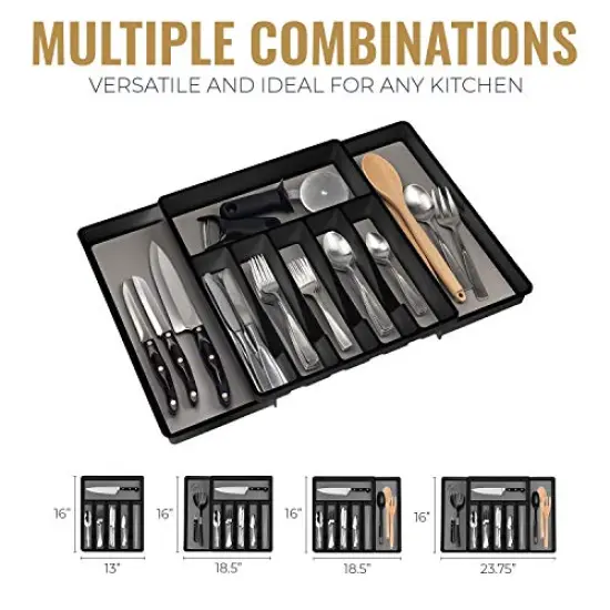 Expandable Silverware Drawer Organizer, 8 Compartment Non-Slip & Adjustable Silverware Trays For Kitchen Drawers, Kitchen Organization for Utensils, Cutlery, Flatware Storage - Black {1}