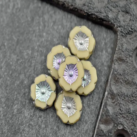 *12* 12mm Antique Silver AB Washed Opaque Ivory Table Cut Hawaiian Flower Beads {4}