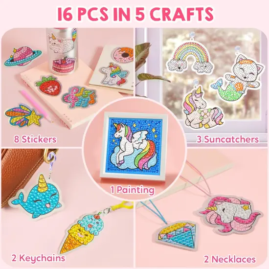 16 Projects Gem Art, Kids Diamond Painting Kit with 5D Gem, Arts and Crafts for Girls Ages 6-12, Gem Craft Activities Kits, Premium Diamond Art Gift Ideas for Girls Crafts Ages 6, 7, 8+ {6}