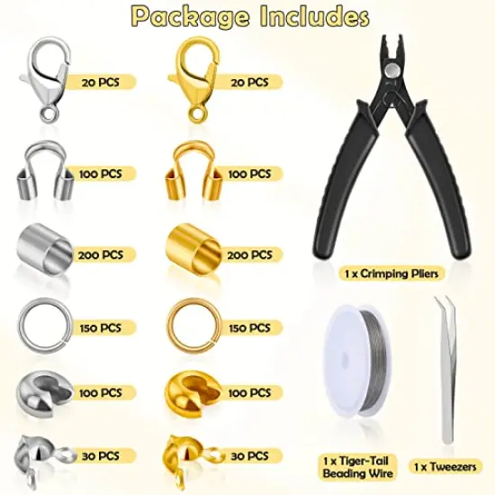 1200 Pieces Crimp Beads Kit for Jewelry Making, Crimp Beads, Covers, Tubes and Wire Guardians, Lobster Clasps, Jump Rings, Crimping Pliers and Beading Wire {2}