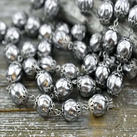 10mm Czech Glass Silver Pearl Chain with Antique Silver Caps -- Sold by the foot {3}