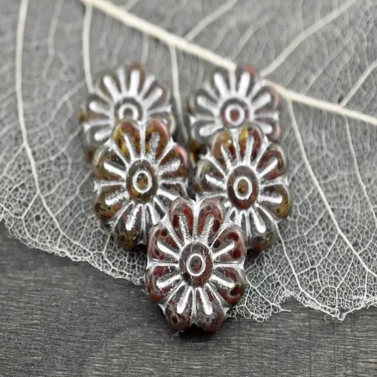 *6* 18mm Silver Washed Blended Red Topaz Daisy Flower Beads {2}