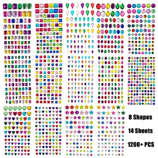 1200 Pieces Self Adhesive Gems Stickers,14 Sheets Rhinestone Stickers for DIY Craft,8 Shapes Sparkle Jewels for Nail Body Makeup Festival {1}