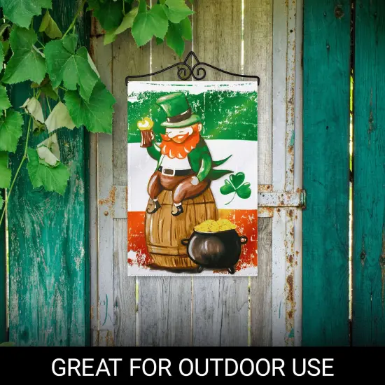 G128 Combo Pack Garden Flag Hanger 14IN & Garden Flag Happy St. Patrick's Day Leprechaun Barrel Gold Printed 12x18IN Double Sided {4}