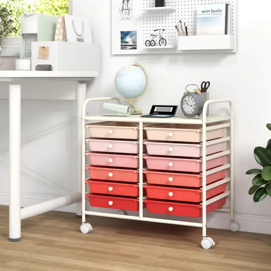12 Removable Drawers Rolling Storage Cart with 4 Universal Wheels and Metal Frame Pink {2}
