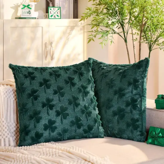 St. Patrick's Day Pillow Covers 18 x18 Set of 2 Green Shamrock Throw Pillow Cases Soft Plush Faux Fur Embroidery Couch Cushion Case {1}