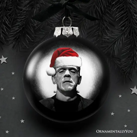 Frankenstein Christmas Spooky Portrait Glass Ornament, Black Horror Halloween Tree Decoration {1}