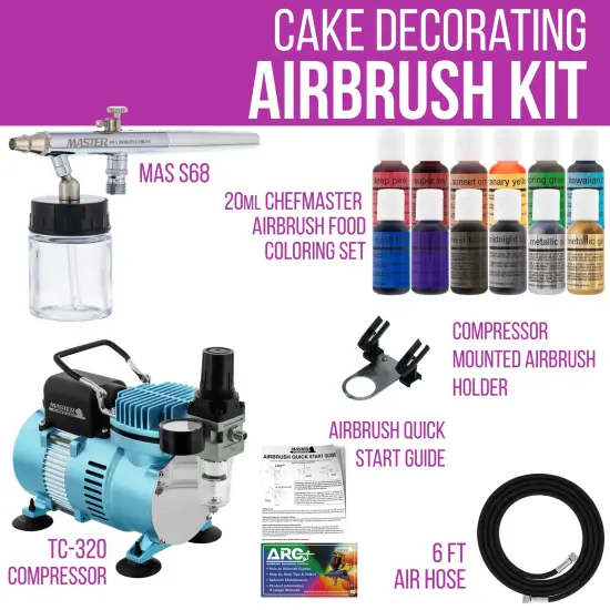 Cake Decorating Airbrushing System Kit with a Siphon Feed Airbrush, 12 Chefmaster Food Colors, Dual Fan Air Compressor - Hose, Holder, How To Guide {2}
