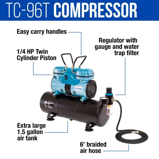 Airbrushing System with 3 Airbrushes, 6 Primary Colors Acrylic Paint Set - Cool Running 1/4 hp Twin Cylinder Piston Air Compressor with Storage Tank {4}