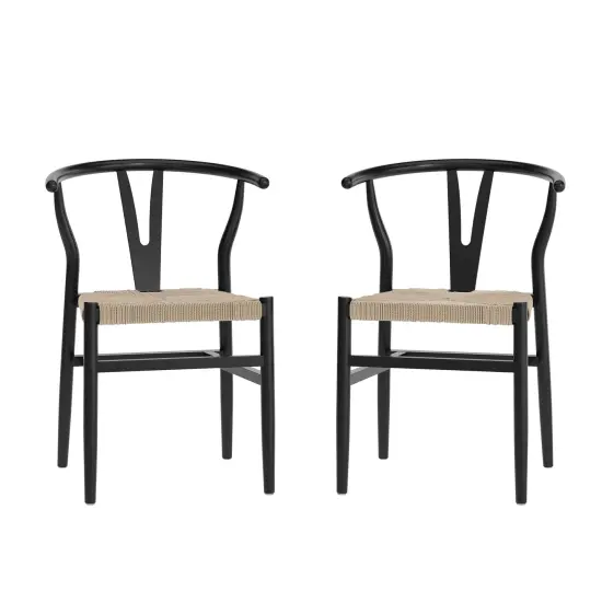 Merrick Lane Staci Set of 2 Stack Dining Chairs with Y-Back Style Design, Solid Wood Frames, Woven Kraft Paper Rope Seats BlackFrame/Natural {2}