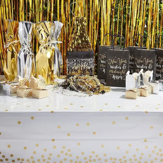 6 Pack Plastic White and Gold Tablecloth with Gold Polka Dot Confetti, Rectangular Party Table Covers (54 x 108 in, 6 Pack) Multicolor {3}