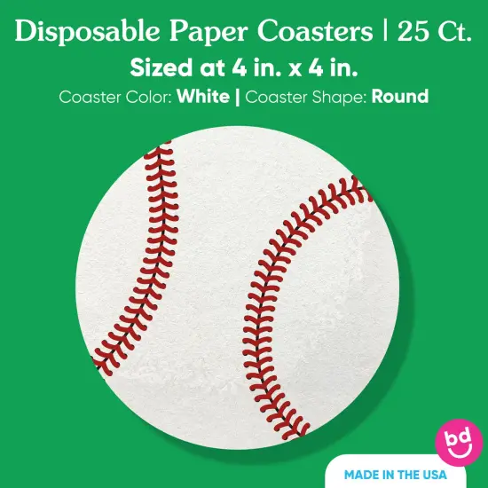 Big Dot of Happiness 25 Ct Baseball Drink Coasters, 4-Inch Disposable Round Paper Coasters for Birthday Party, Cocktail Table Decor for Bar Drinks {5}