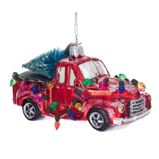 Noble Gems 2.5 Inch Truck Carrying Trees Ornament Christmas Tree Ornament , Bottle Brush Lights Red {1}