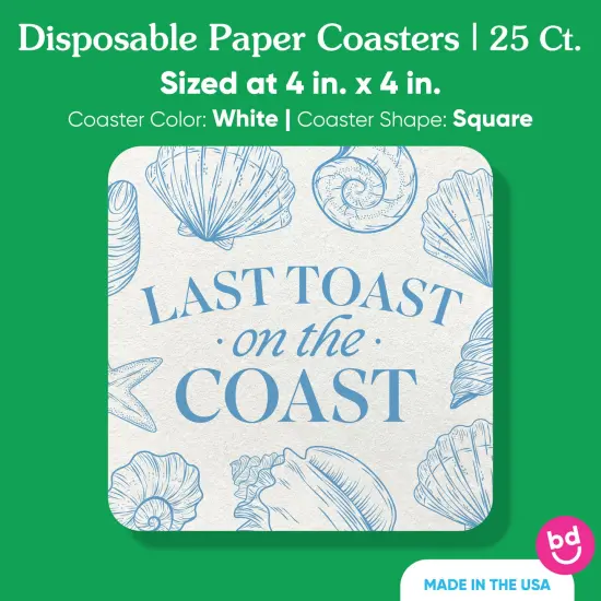 Big Dot of Happiness 25 Ct Last Toast on the Coast Drink Coasters, 4-Inch Disposable Square Paper Coasters for Beach Bridal or Blue Bachelorette Party {5}