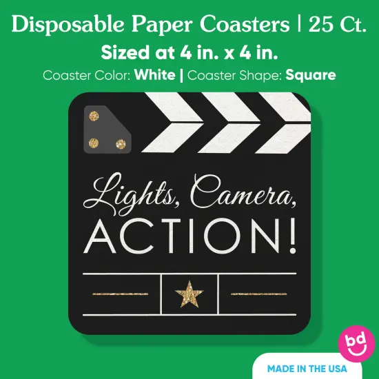 Big Dot of Happiness 25 Ct Red Carpet Movie Night Drink Coasters, 4-Inch Disposable Square Paper Coasters for Birthday Party, Table Decor for Drinks {5}