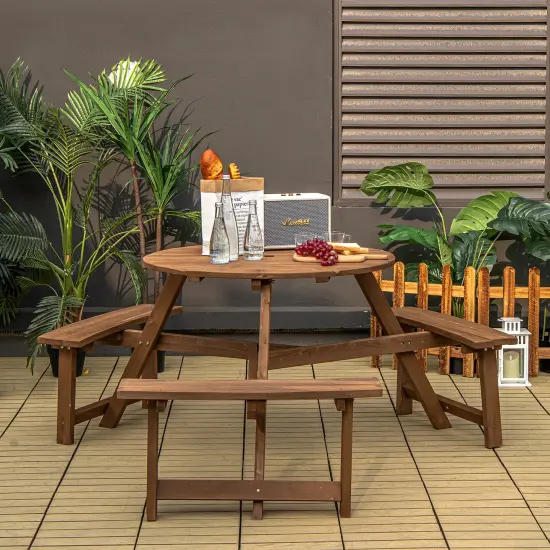 Costway 6-person Round Wooden Picnic Table Outdoor Table w/ Umbrella Hole & Benches {3}