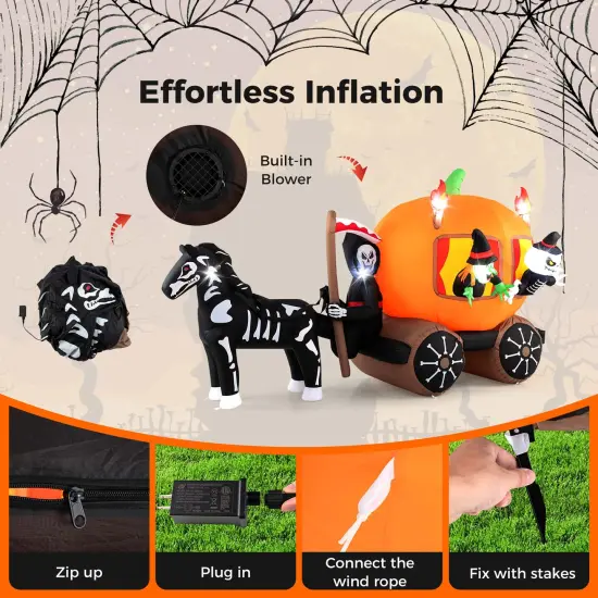 Costway 10.2 ft Long Halloween Inflatable Carriage LED Lighted Carriage w/ Pumpkin 2 Ghosts Witch & Skull Horse {6}
