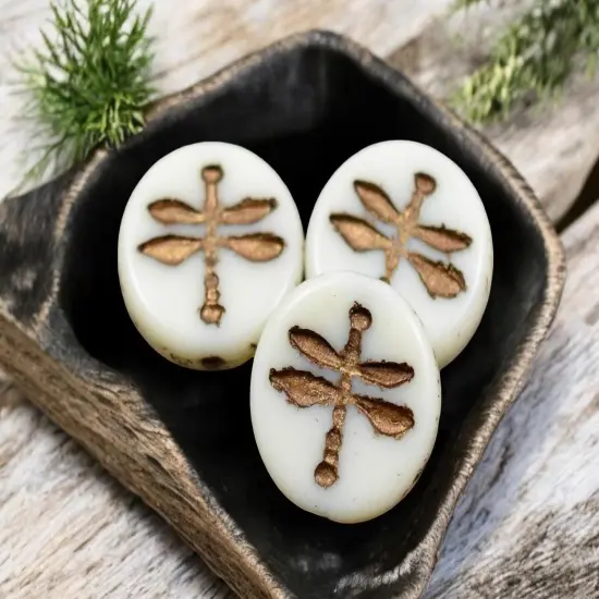 *10* 18mm Bronze Washed Opaque Ivory Dragonfly Coin Beads {2}