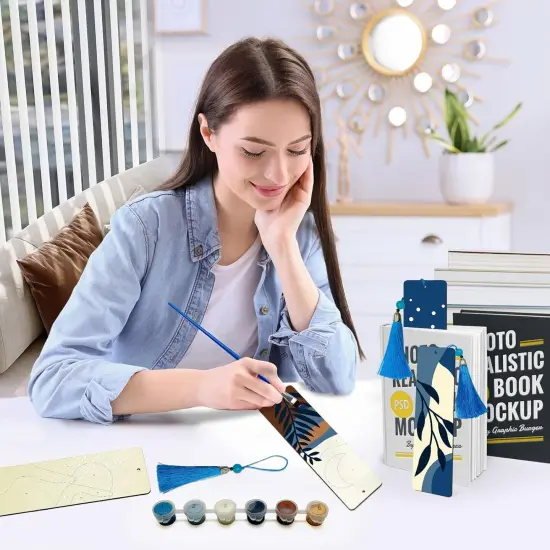 Paint by Numbers Kit for Adults, 4 Pack Wood Bookmarks Moon Paint by Numbers for Book Lovers, DIY Mountain Painting by Number Bookmarks with Tassel {2}