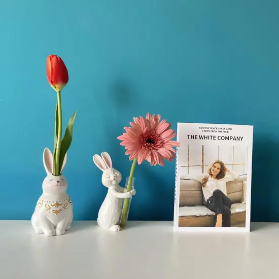 Easter Rabbit Figure Flower Vase, Sculpted Hand-Painted Resin Figurine Statue, Inner Peace Home Decor House Warming Birthday Friendship Figurines Gifts - Pearl White {4}
