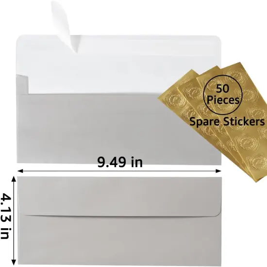 50 Pack Shiny #10 Business Envelopes Self Seal Standard Envelopes with Gold Stickers for Office Checks, Business Cards, Letter Mailing Invoices, 4.13 x 9.49 Inches (Silver) {2}
