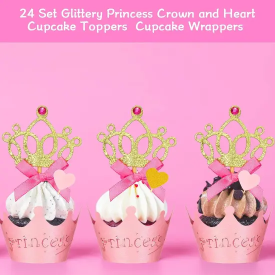 72 Pieces Glittery Princess Cupcake Toppers Crown Wrapper Holder Pink Gold Crown Tiara Pick Glitter Heart Cupcake Topper Baby Shower Decoration for Birthday Wedding Party Decor {3}