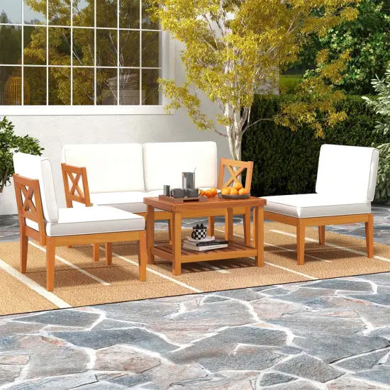 Costway 10 PCS Acacia Wood Patio Furniture Set with Cushions and 2-Tier Coffee Table {5}
