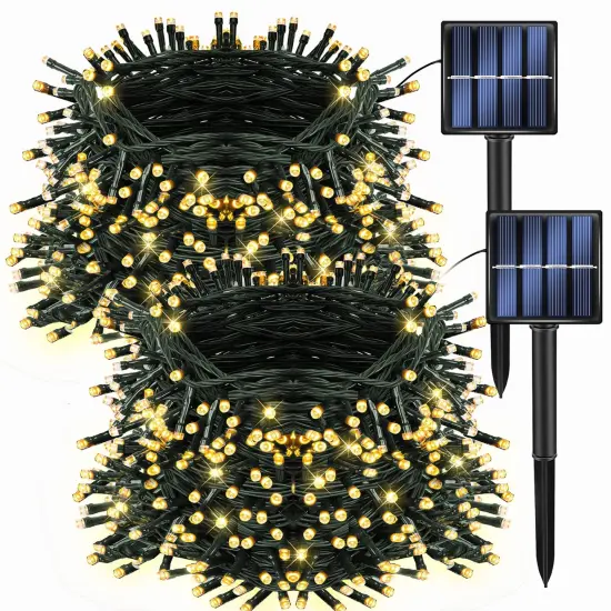 Dazzle Bright 2 Pack Total 400LED 132FT Warm White Christmas Solar String Outdoor Lights, Solar Powered with 8 Modes Waterproof Fairy Lights for Bedroom Patio Garden Tree Party Yard Decoration {1}