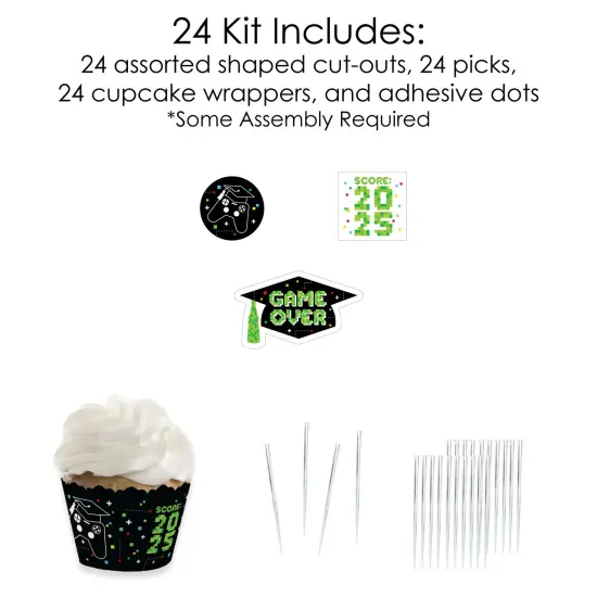 Big Dot of Happiness Game Over - Cupcake Decoration - Video Game Graduation Party Cupcake Wrappers and Treat Picks Kit - Set of 24 {6}