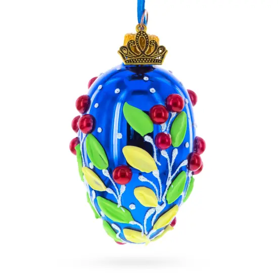 Shiny Blue with Red Berry and Green Leaf Accents Mini Glass Egg Ornament 2.9 Inches {1}