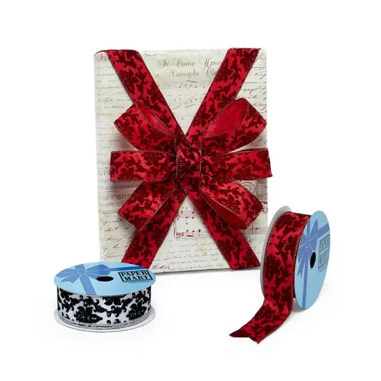 Black and White Damask Flocked Satin Wired Ribbon 1.5" x 10 yd 1 Roll {1}