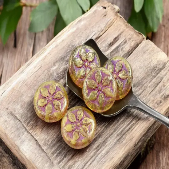 *5* 18mm Pink Washed Gold Glitter Crystal Hawaiian Flower Coin Beads {3}