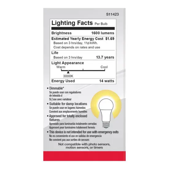 4Pk - Satco 14w 120v A19 LED E26 Base 1600L 3000k Soft White - 100W Equiv {3}