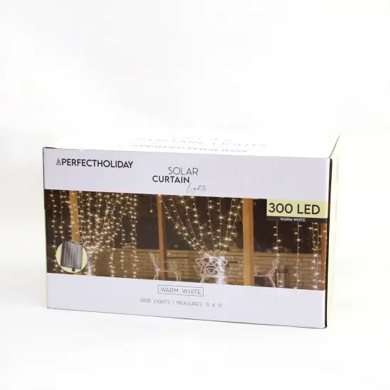 Perfect Holiday 300 LED Curtain Solar Lights Flashing Mode - Long Hours - Warm White {3}
