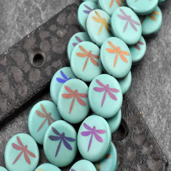 *8* 17mm Opaque Dark Turquoise Laser Tattoo Dragonfly Coin Beads {4}